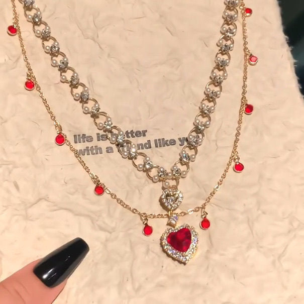 Red Pearl Double Layer Necklace – Love Twin Chain for Women