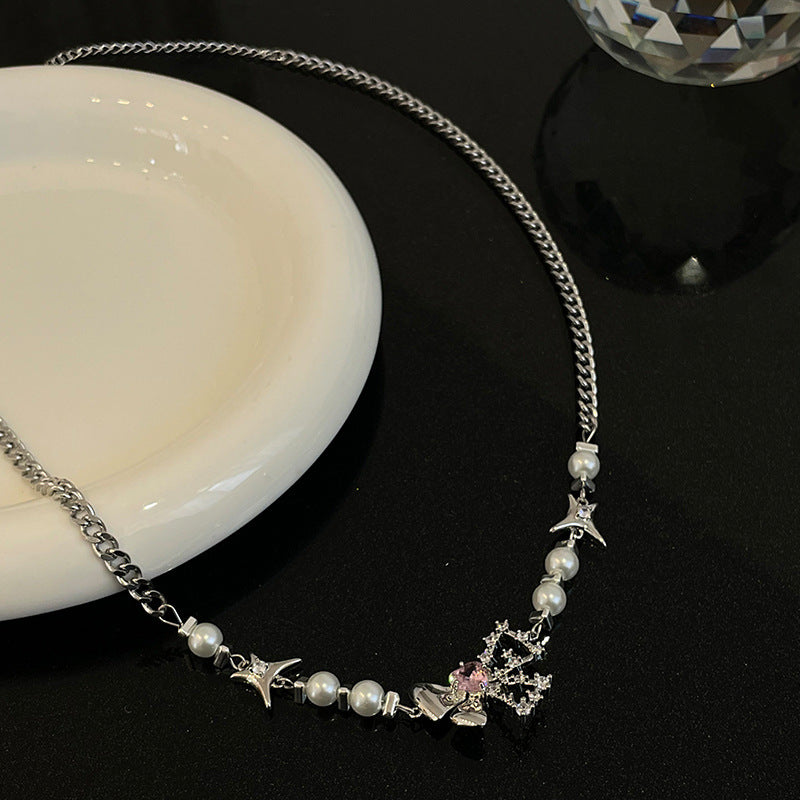Pearl Bow Love Necklace – Elegant Stitch Detail Pendant for Women