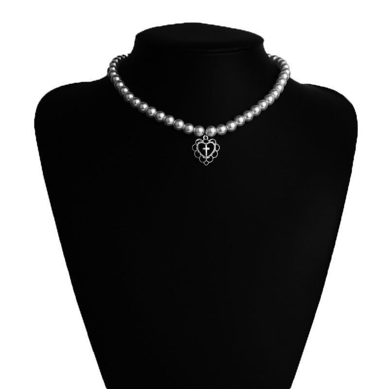 Pearl Cross Choker Necklace – Alloy Love Pendant Chain for Women