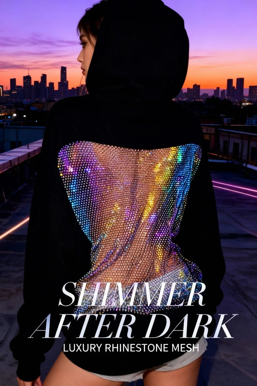 Open-Back Trending Rhinestone Y2K Oversized Hoodie – Street Style Mesh Long Sleeve Sweatshirt