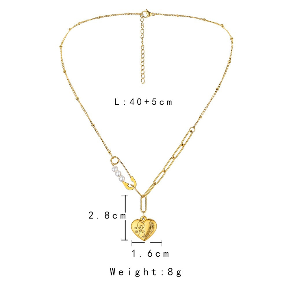 Golden Pearl Love Necklace – Elegant Brooch Pendant Chain for Women