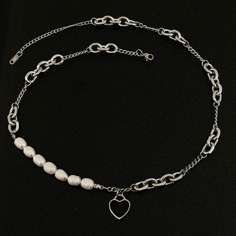 Freshwater Pearl Love Pendant Necklace – Elegant Stitch Detail Chain