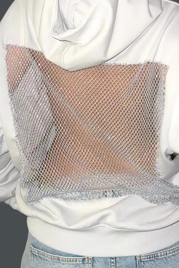 Open-Back Trending Rhinestone Y2K Oversized Hoodie – Street Style Mesh Long Sleeve Sweatshirt