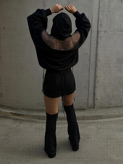 Open Back Lace-Up Oversized Hoodie – Y2K Street Style Long Sleeve Top