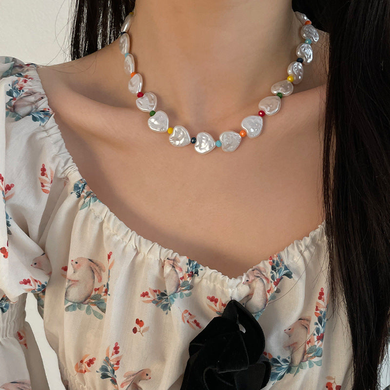 Colorful Beaded Pearl Love Necklace – Elegant Statement Chain for Women