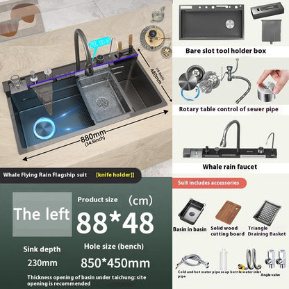 Stainless Steel Waterfall Kitchen Sink – Extra Large Single Bowl with Digital Display