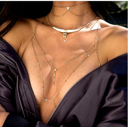 Tassel Body Chain Necklace – Crystal Chest Chain for Women