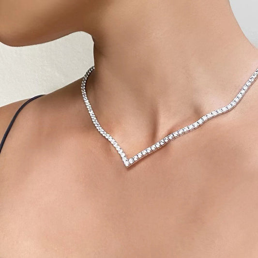 V-Shaped Crystal Necklace – Full Sparkle Party Statement Chain for Women