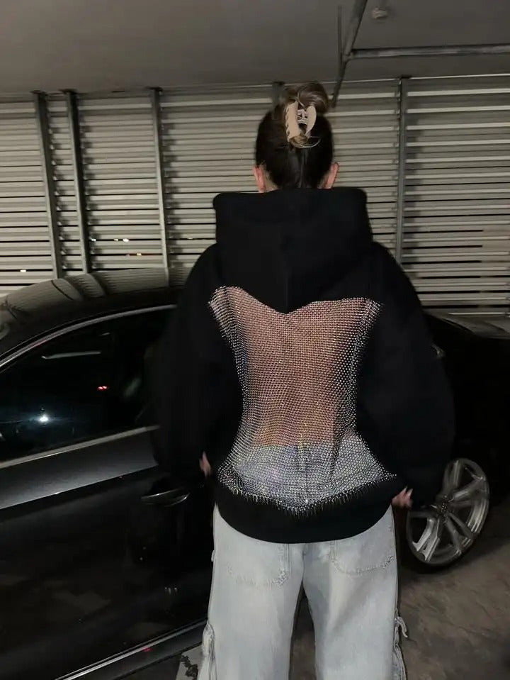 Open-Back Trending Rhinestone Y2K Oversized Hoodie – Street Style Mesh Long Sleeve Sweatshirt