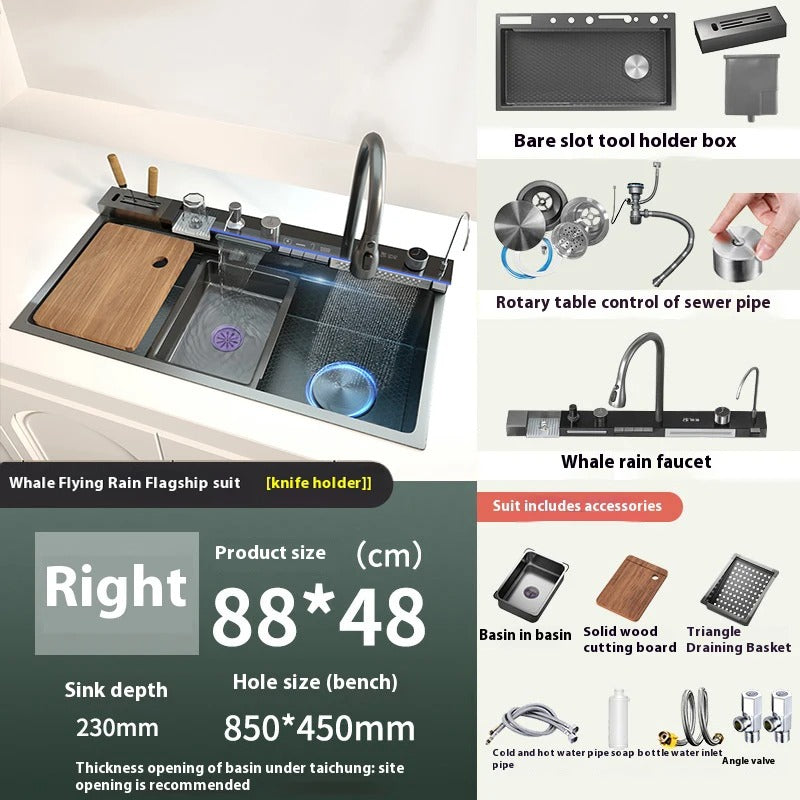 Stainless Steel Waterfall Kitchen Sink – Extra Large Single Bowl with Digital Display