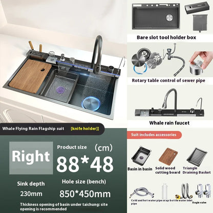 Stainless Steel Waterfall Kitchen Sink – Extra Large Single Bowl with Digital Display
