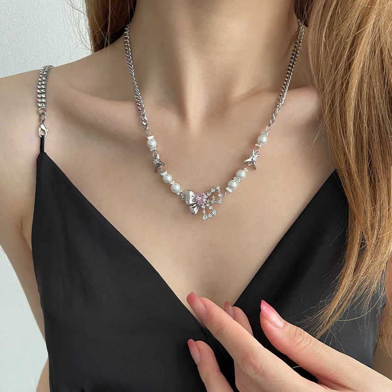 Pearl Bow Love Necklace – Elegant Stitch Detail Pendant for Women