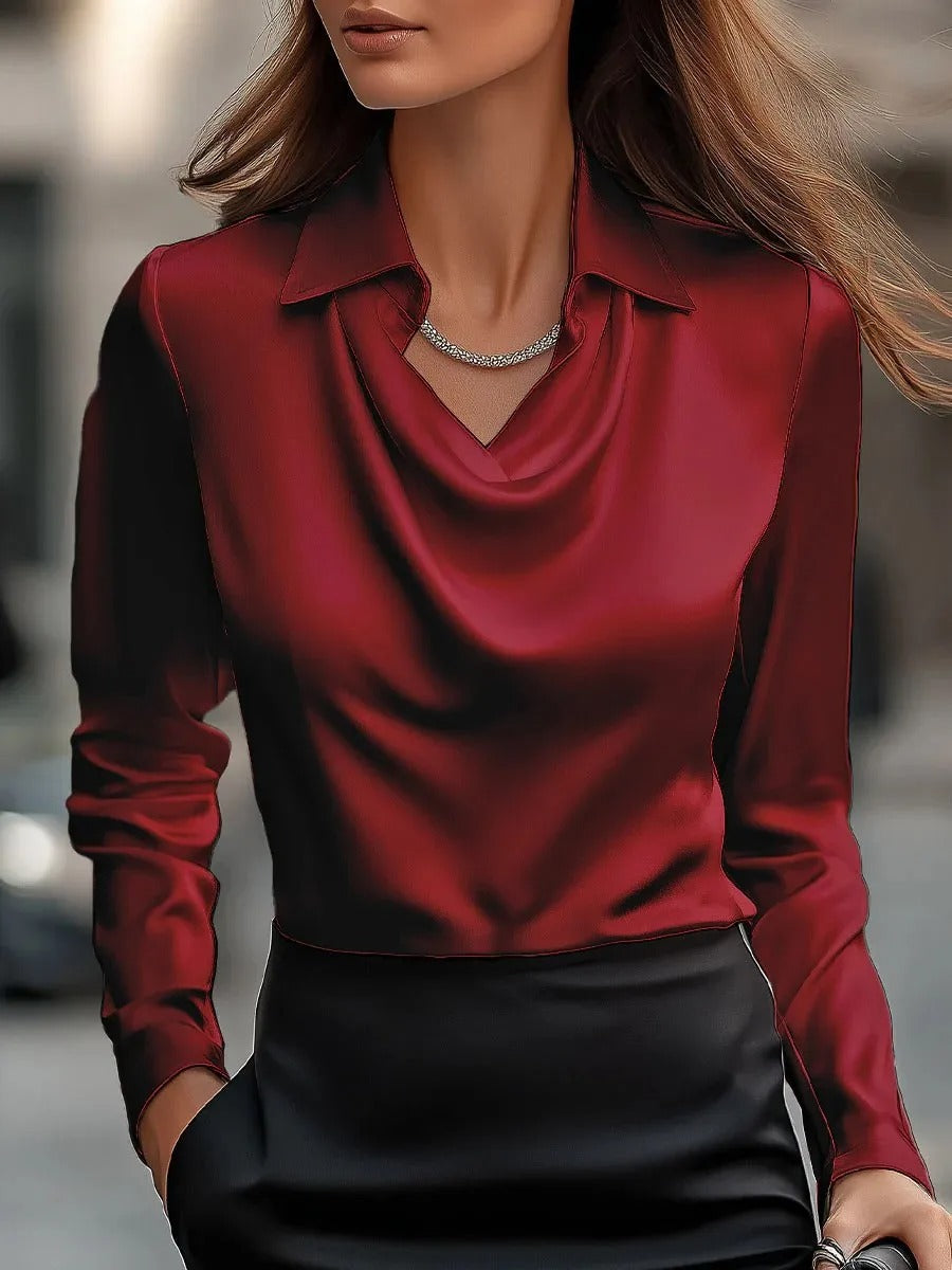 Elegant Satin Cowl Neck Blouse - Long Sleeve Silk-Feel Women’s Shirt