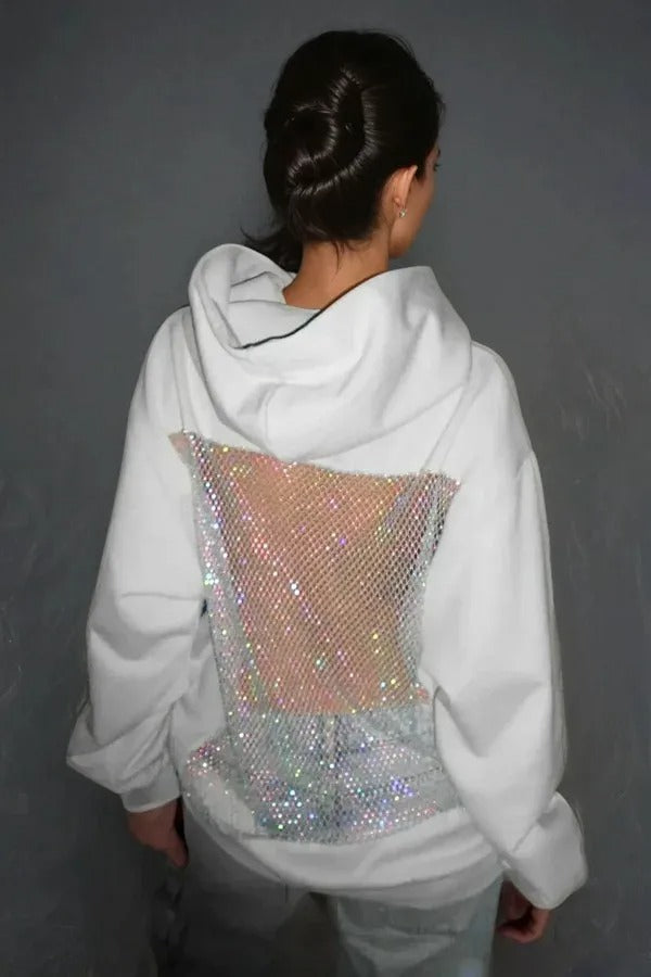 Open-Back Trending Rhinestone Y2K Oversized Hoodie – Street Style Mesh Long Sleeve Sweatshirt