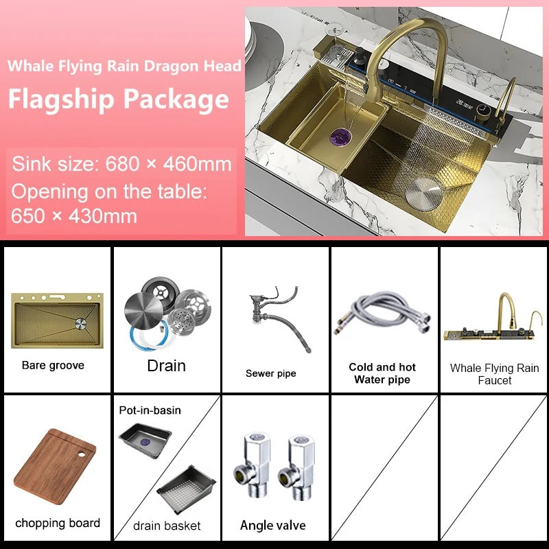 Stainless Steel Waterfall Kitchen Sink – Extra Large Single Bowl with Digital Display