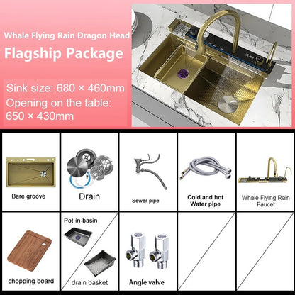 Stainless Steel Waterfall Kitchen Sink – Extra Large Single Bowl with Digital Display