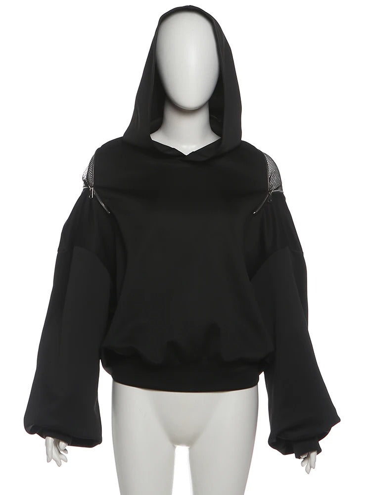 Open Back Lace-Up Oversized Hoodie – Y2K Street Style Long Sleeve Top