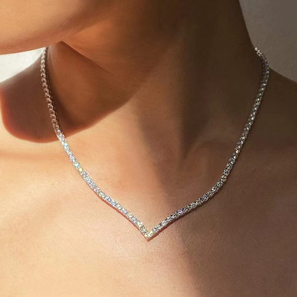 V-Shaped Crystal Necklace – Full Sparkle Party Statement Chain for Women