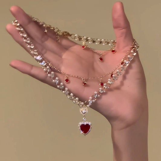 Red Pearl Double Layer Necklace – Love Twin Chain for Women