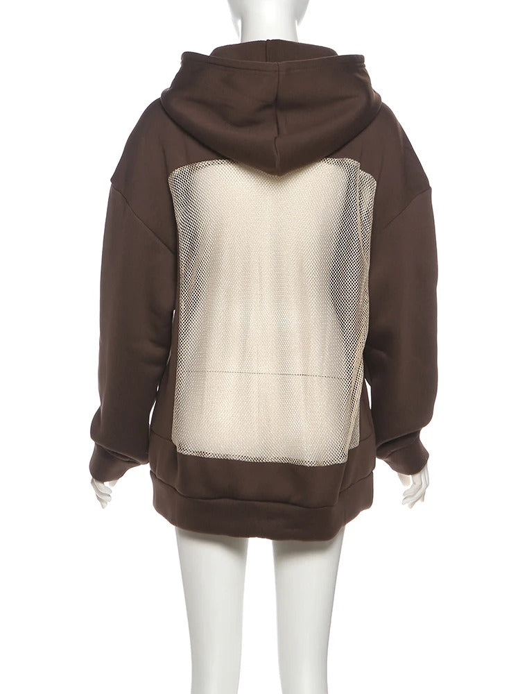 Open-Back Trending Rhinestone Y2K Oversized Hoodie – Street Style Mesh Long Sleeve Sweatshirt