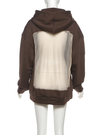 Open-Back Trending Rhinestone Y2K Oversized Hoodie – Street Style Mesh Long Sleeve Sweatshirt