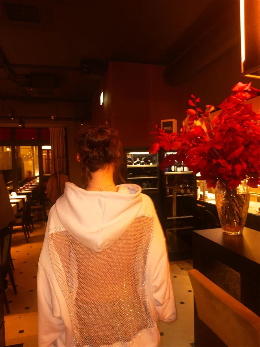 Open-Back Trending Rhinestone Y2K Oversized Hoodie – Street Style Mesh Long Sleeve Sweatshirt
