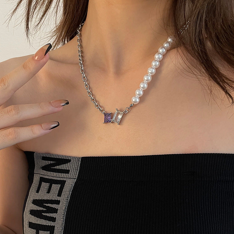 Colorful Crystal Half Love Pearl Necklace – Elegant Statement Chain for Women