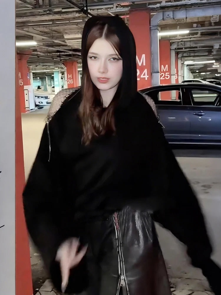 Open Back Lace-Up Oversized Hoodie – Y2K Street Style Long Sleeve Top