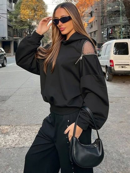 Open Back Lace-Up Oversized Hoodie – Y2K Street Style Long Sleeve Top