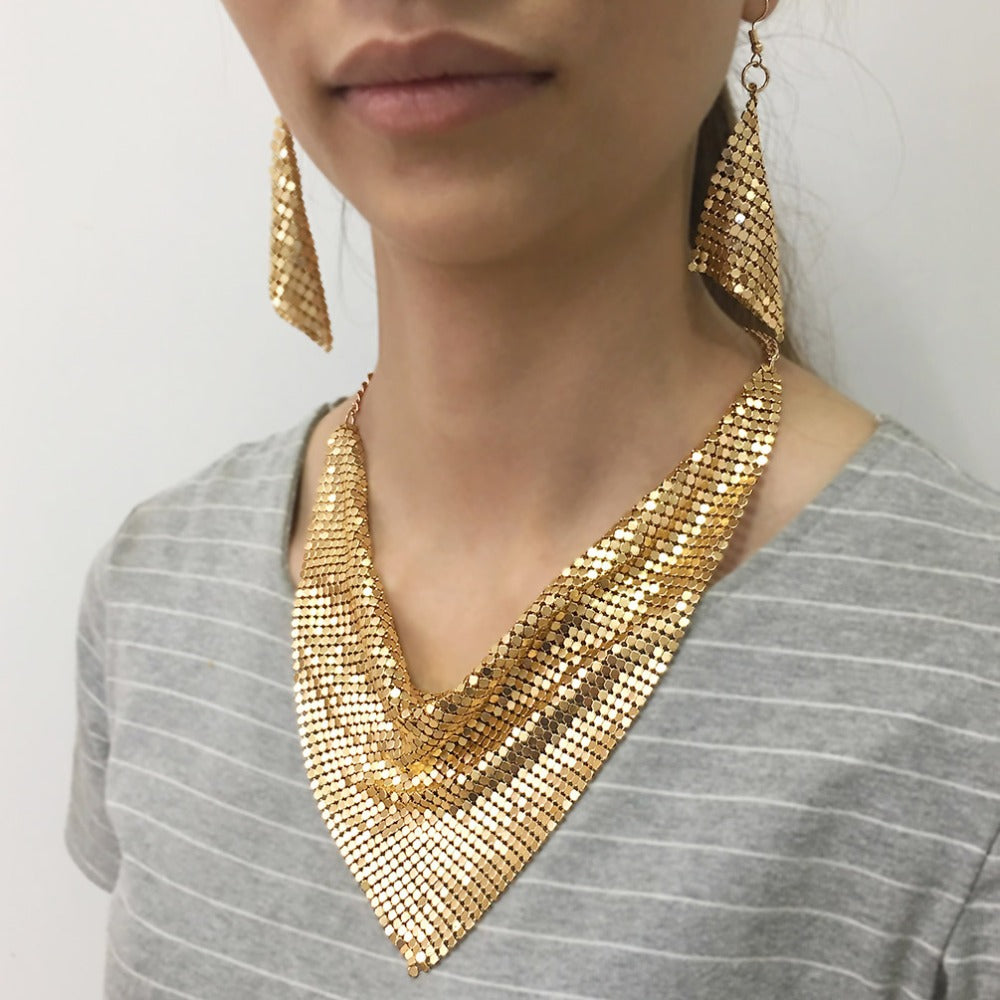 Metal Plate Necklace & Earrings Set - Statement Jewellery Set for Women