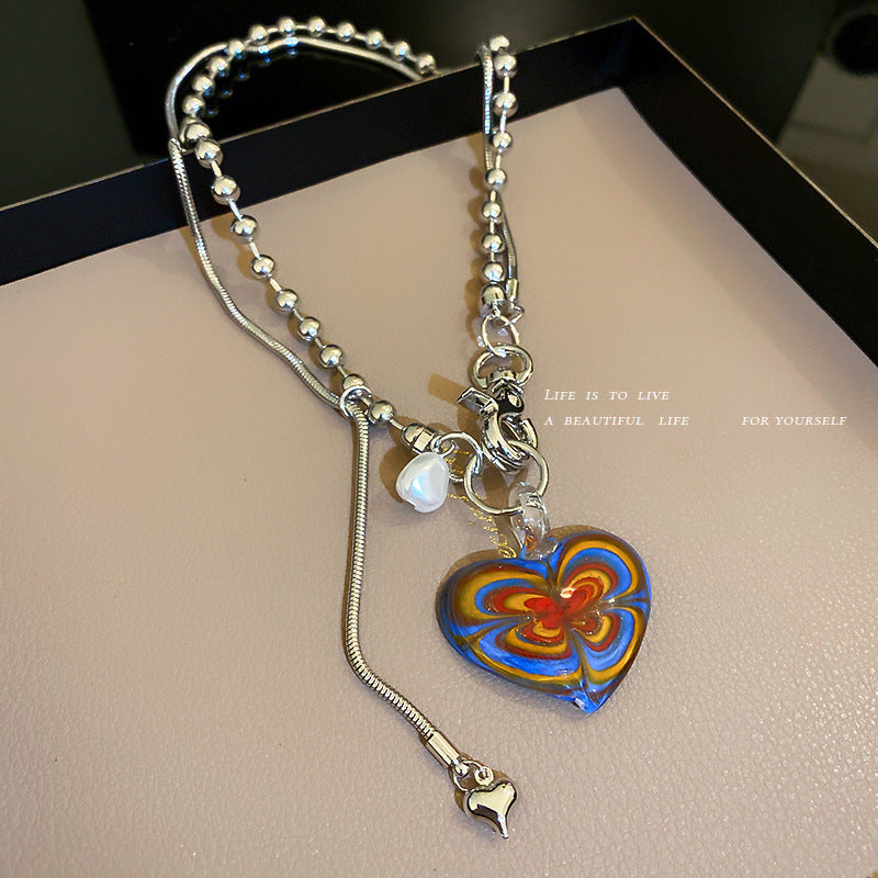 Irregular Pearl Double Layer Necklace – Love Pendant Statement Chain