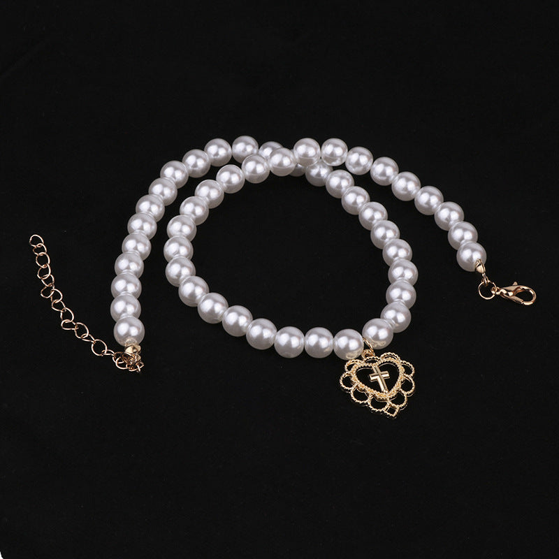 Pearl Cross Choker Necklace – Alloy Love Pendant Chain for Women