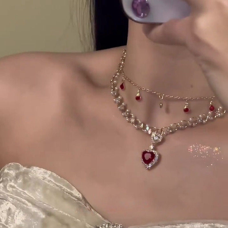 Red Pearl Double Layer Necklace – Love Twin Chain for Women