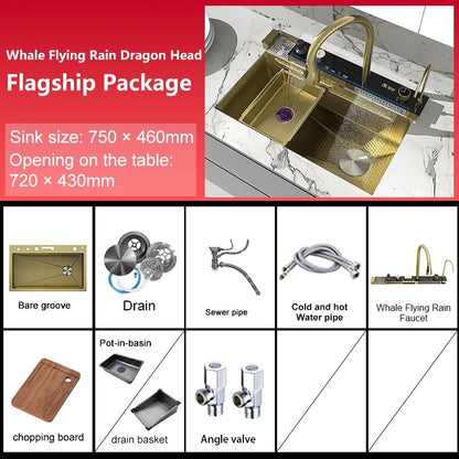 Stainless Steel Waterfall Kitchen Sink – Extra Large Single Bowl with Digital Display