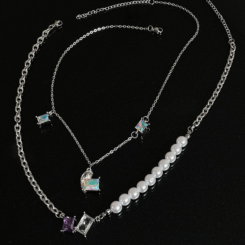 Colorful Crystal Half Love Pearl Necklace – Elegant Statement Chain for Women