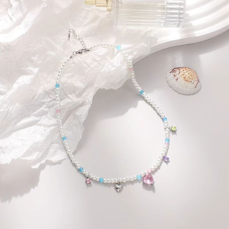 Zircon Pearl Love Pendant Necklace – Elegant Sparkle Chain for Women