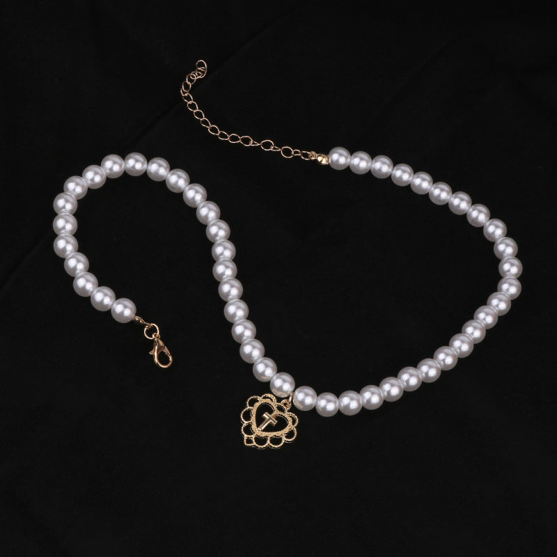 Pearl Cross Choker Necklace – Alloy Love Pendant Chain for Women