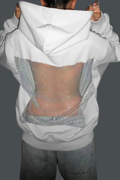 Open-Back Trending Rhinestone Y2K Oversized Hoodie – Street Style Mesh Long Sleeve Sweatshirt