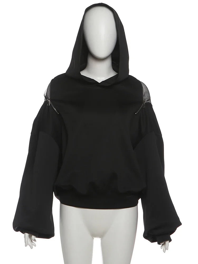 Open Back Lace-Up Oversized Hoodie – Y2K Street Style Long Sleeve Top