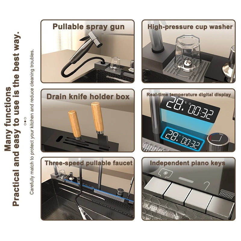 Stainless Steel Waterfall Kitchen Sink – Extra Large Single Bowl with Digital Display