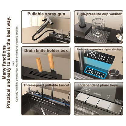 Stainless Steel Waterfall Kitchen Sink – Extra Large Single Bowl with Digital Display