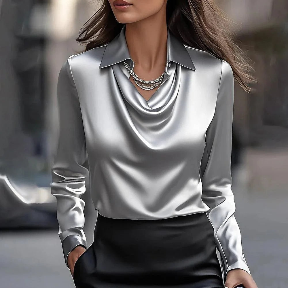 Elegant Satin Cowl Neck Blouse - Long Sleeve Silk-Feel Women’s Shirt