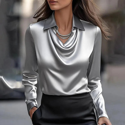 Elegant Satin Cowl Neck Blouse - Long Sleeve Silk-Feel Women’s Shirt