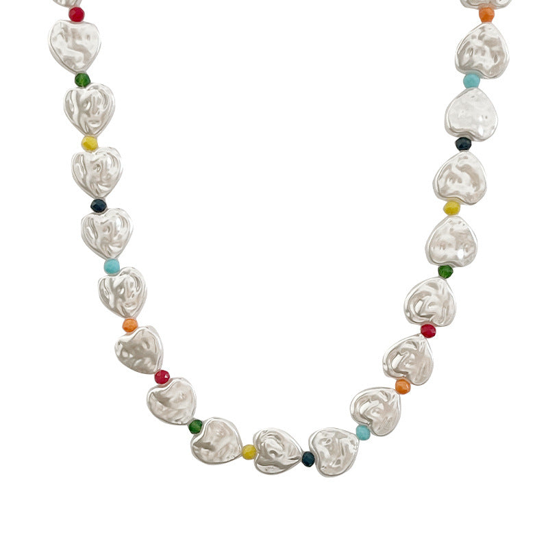 Colorful Beaded Pearl Love Necklace – Elegant Statement Chain for Women