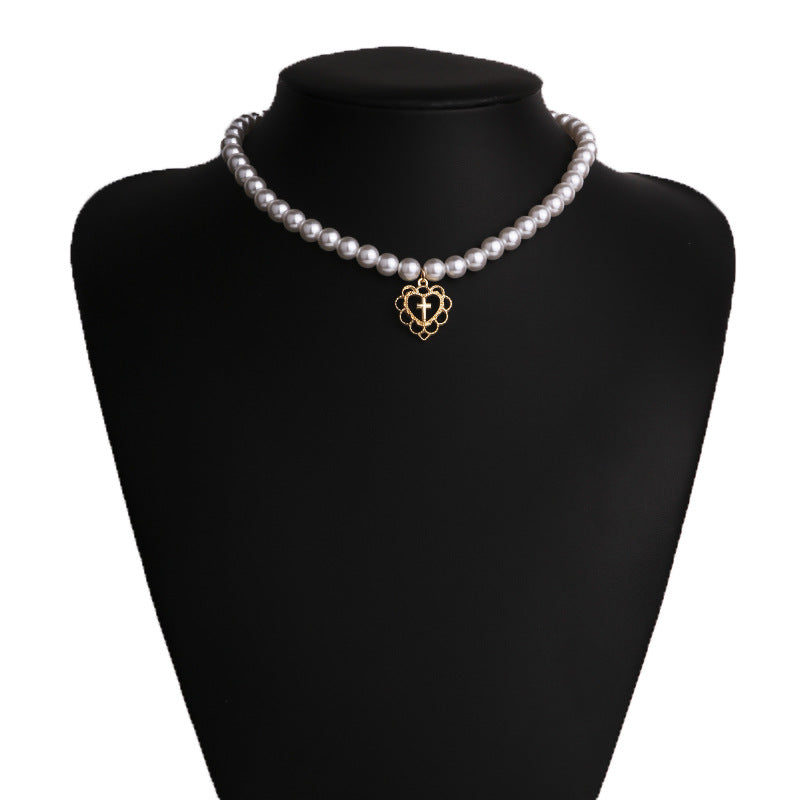 Pearl Cross Choker Necklace – Alloy Love Pendant Chain for Women