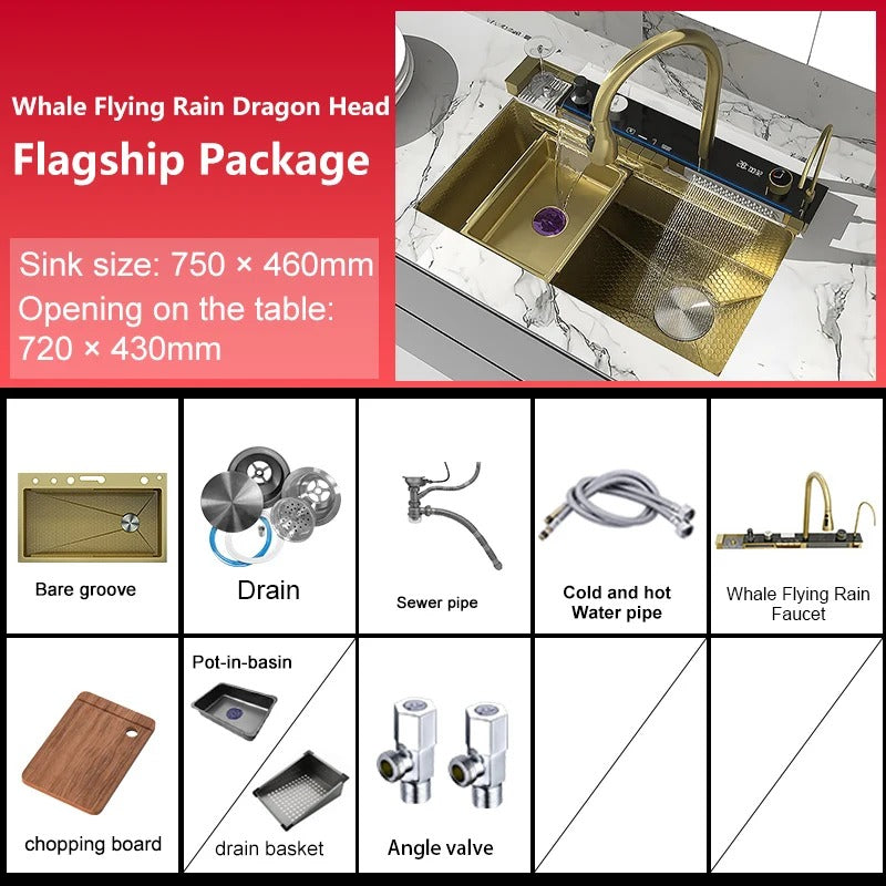 Stainless Steel Waterfall Kitchen Sink – Extra Large Single Bowl with Digital Display