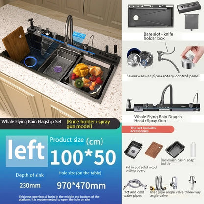 Stainless Steel Waterfall Kitchen Sink – Extra Large Single Bowl with Digital Display