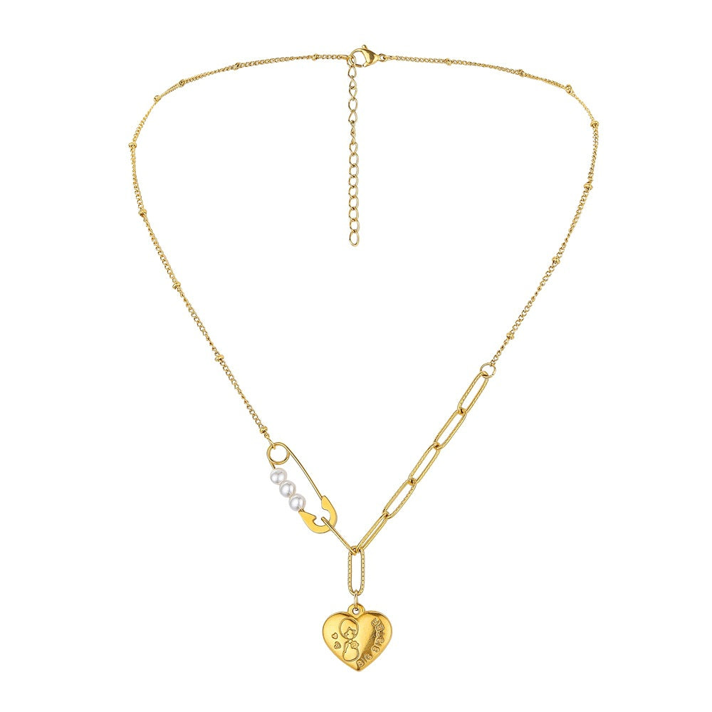 Golden Pearl Love Necklace – Elegant Brooch Pendant Chain for Women