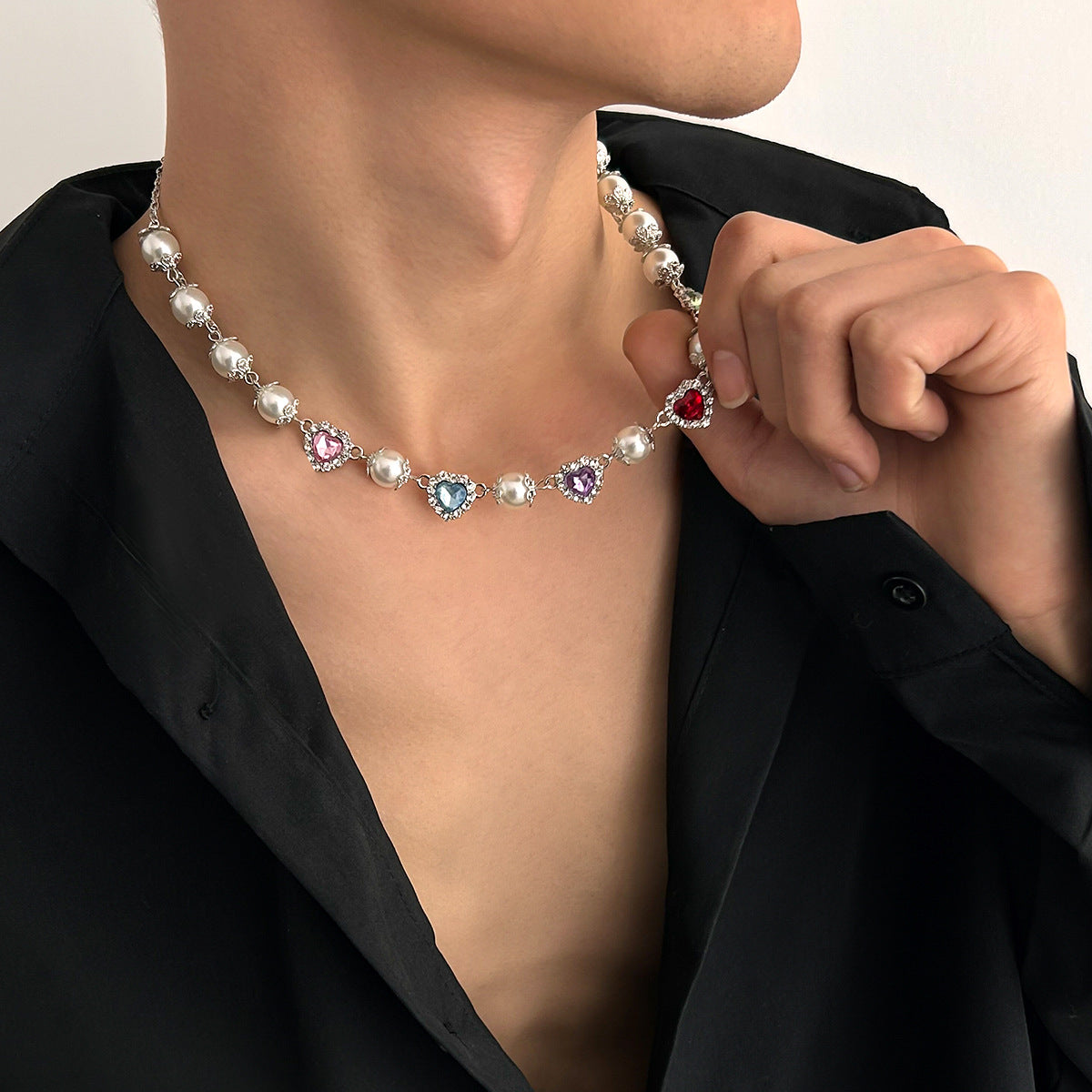 Colorful Crystal Pearl Necklace – Love Accent Statement Chain