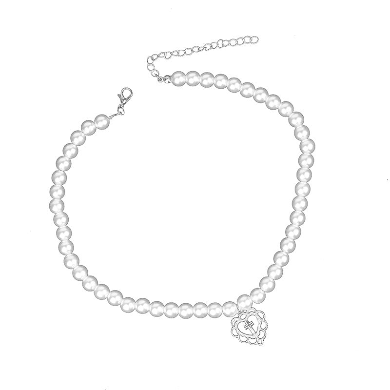 Pearl Cross Choker Necklace – Alloy Love Pendant Chain for Women